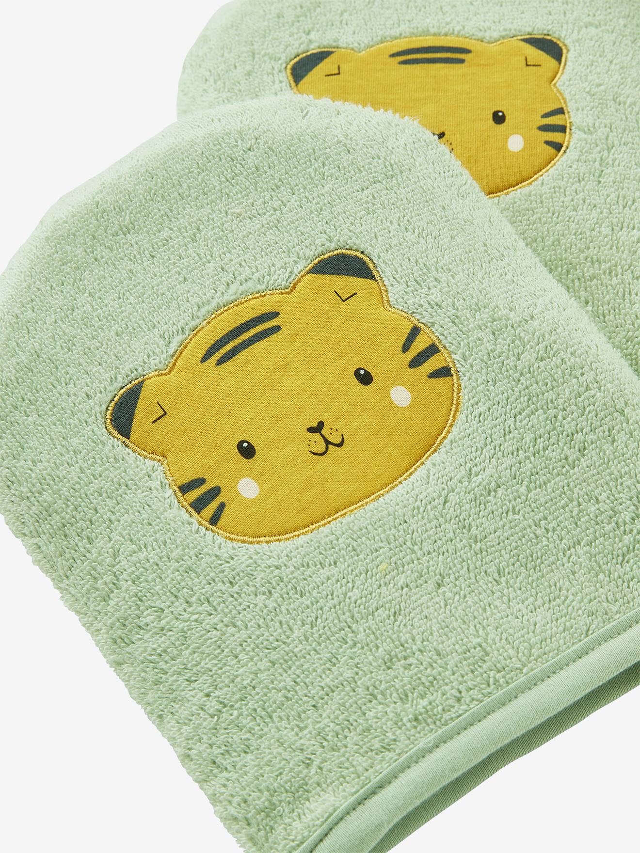 Conjunto de 2 luvas de banho Panda, verde médio, lisas com estampas.