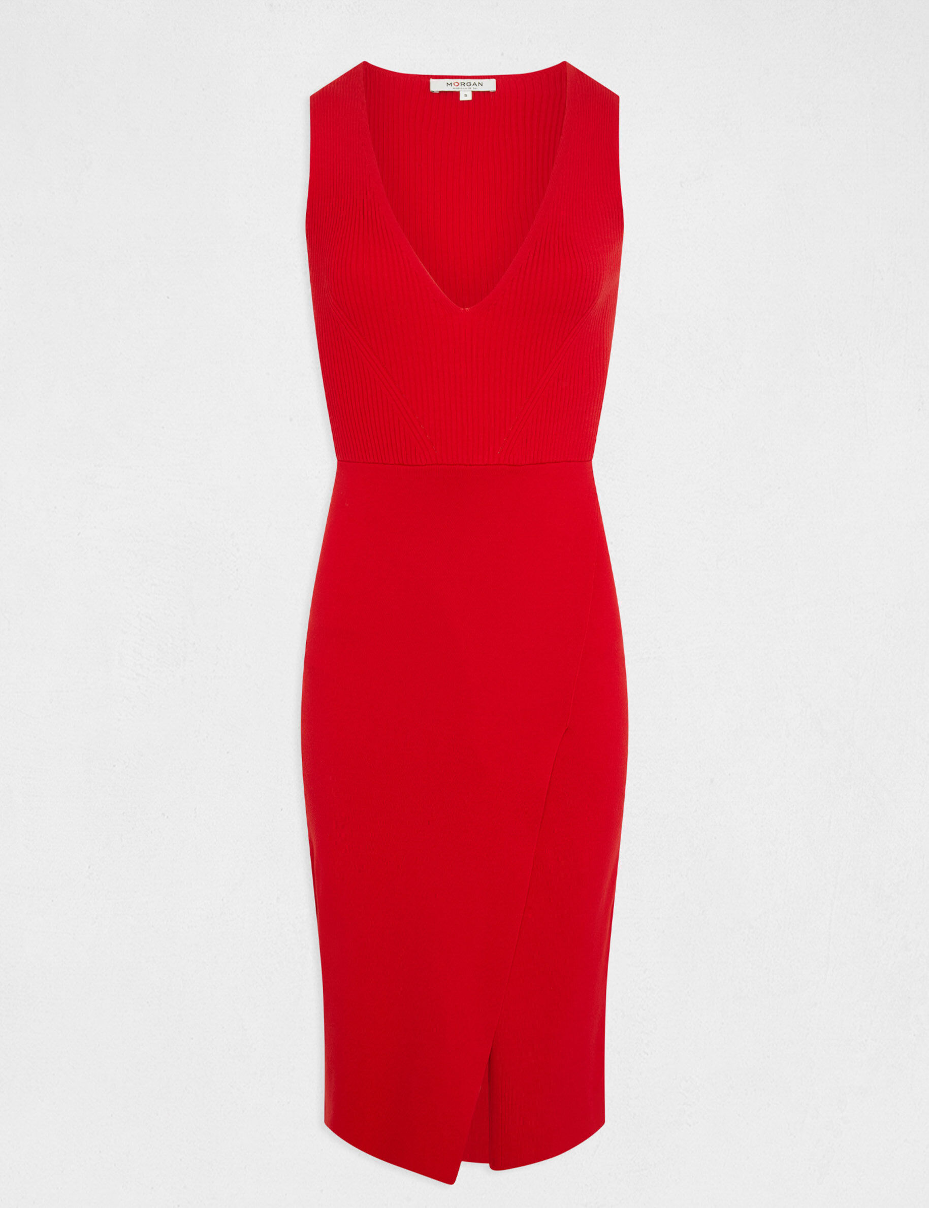 Robe pull midi ajustée col en V rouge femme - rouge