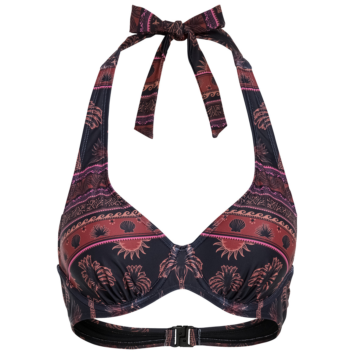 Gina Benotti Damen Bikinioberteil mit Palmen allover schwarz / dunkelrot / pink