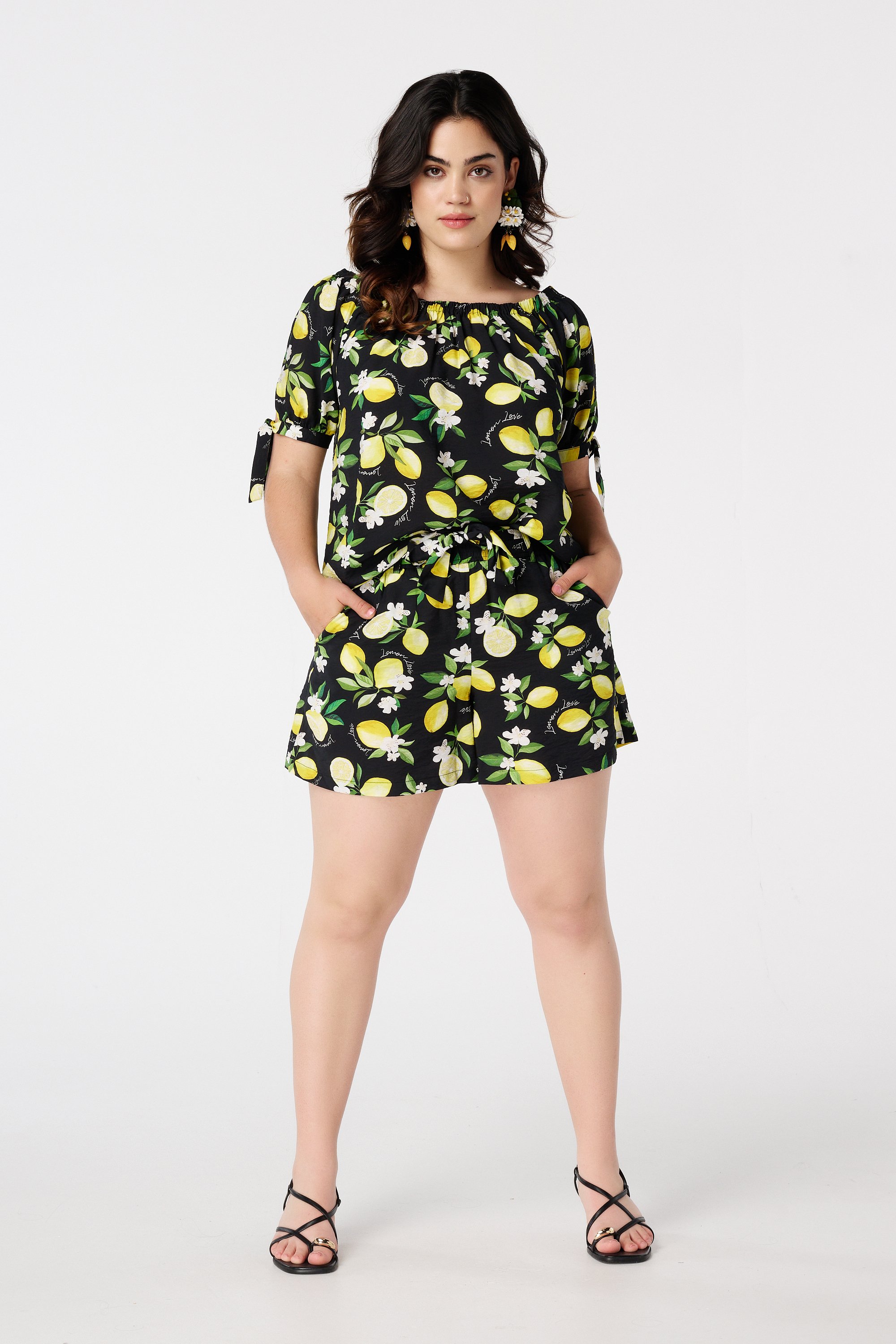Off-shoulder blouse met print Multi zwart-wit