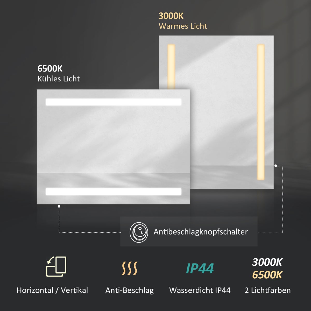 EMKE LED badkamerspiegel 60x80cm badkamerspiegel met knop / anti-condens / explosieveilige folie / warm wit licht en koel wit licht badkamerwandspiegel IP44