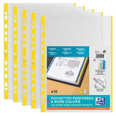 Oxford - 10 Pochettes perforées - A4 - lisse - pour 12 feuilles - 9/100 - Jaune