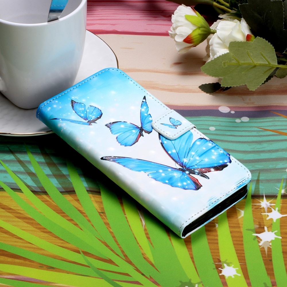 Samsung Galaxy A41 Leder Tasche mit Kartenfächern - Schmetterlinge (Blau)
