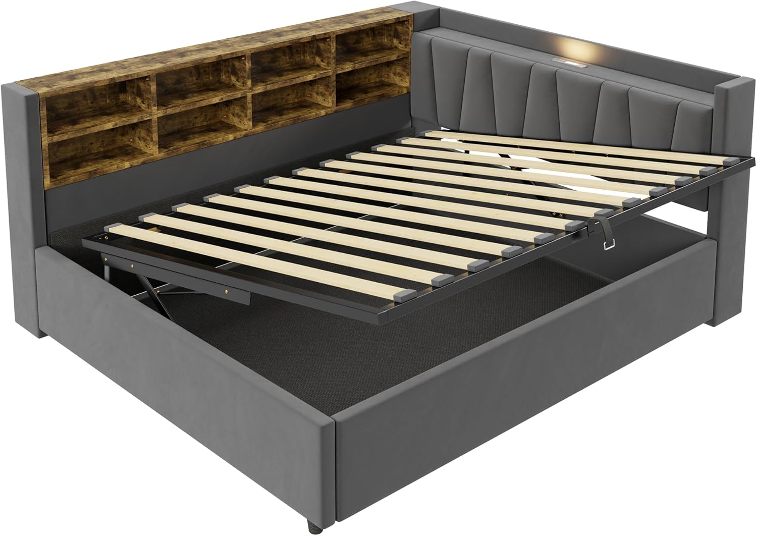 Polsterbett Schlafsofa 140x200, Doppelbett mit Staufach&Nachtlicht&Ladestation, Tagesbett mit Hydraulischem Stauraum & Lattenrost, Funktionsbett Stauraumbett Gästebett Jugendbett, Ohne Matratze, Grau