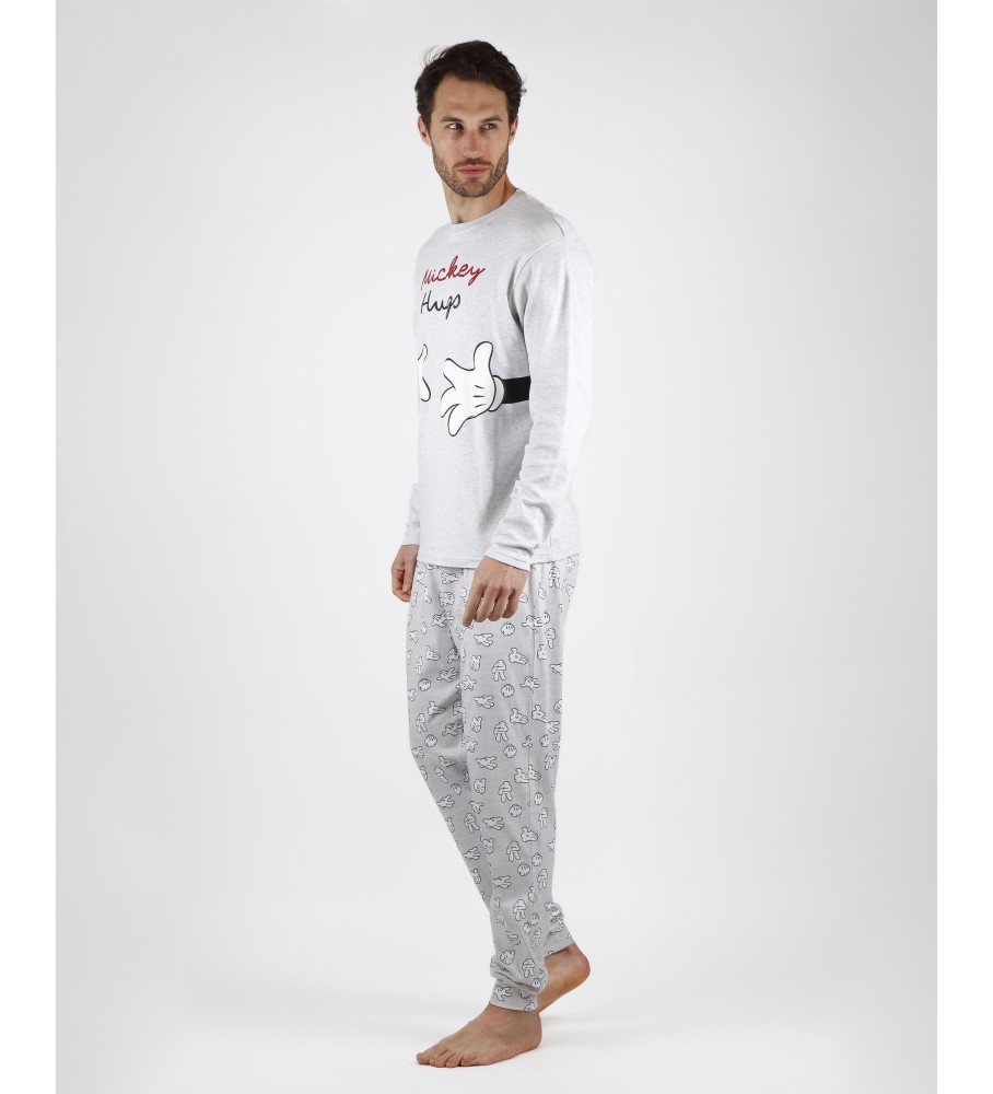 Pijama de manga comprida da Disney com estampa do Mickey abraçando, cinza.