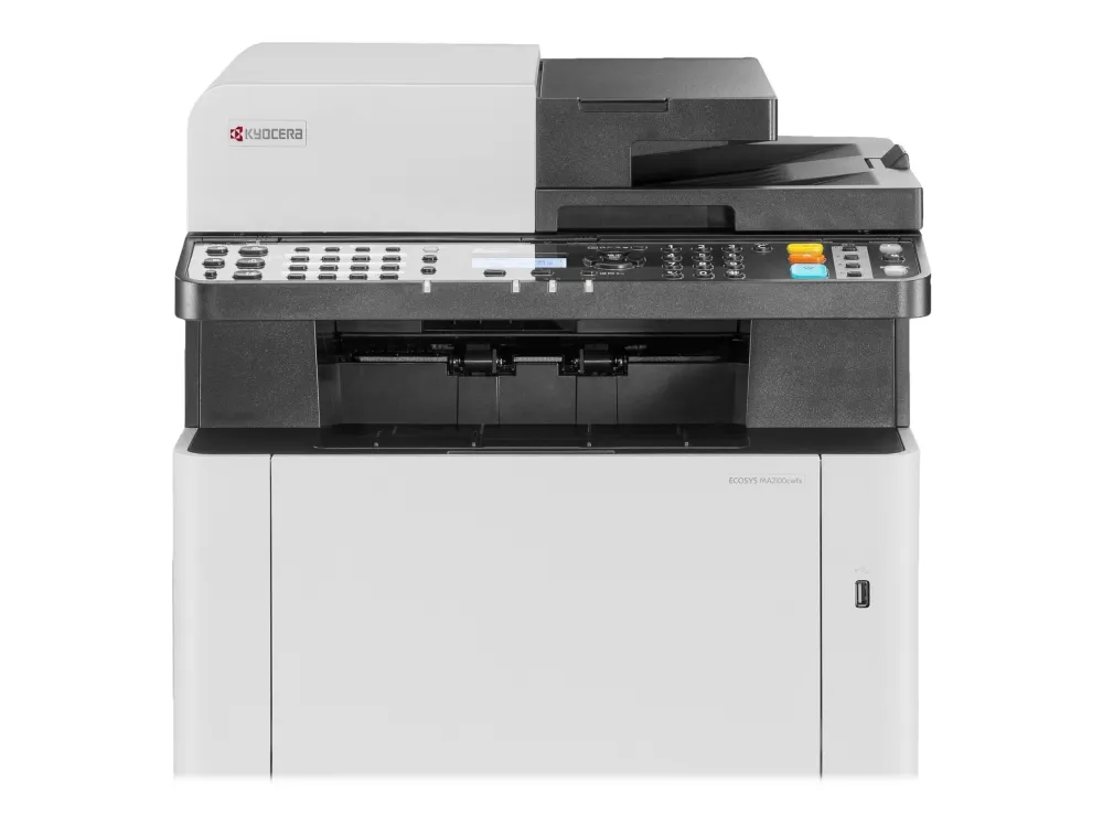 Kyocera ECOSYS MA2100cwfx - Multifunktionsprinter - farve - laser - Legal (216 x 356 mm)/A4 (210 x 297 mm) (original) - A4/Legal (medie) - op til 21 spm (kopiering) - op til 21 spm (udskriver) - 300 ark - 33.6 Kbps - USB vært, USB 2.0, Gigabit LAN, W