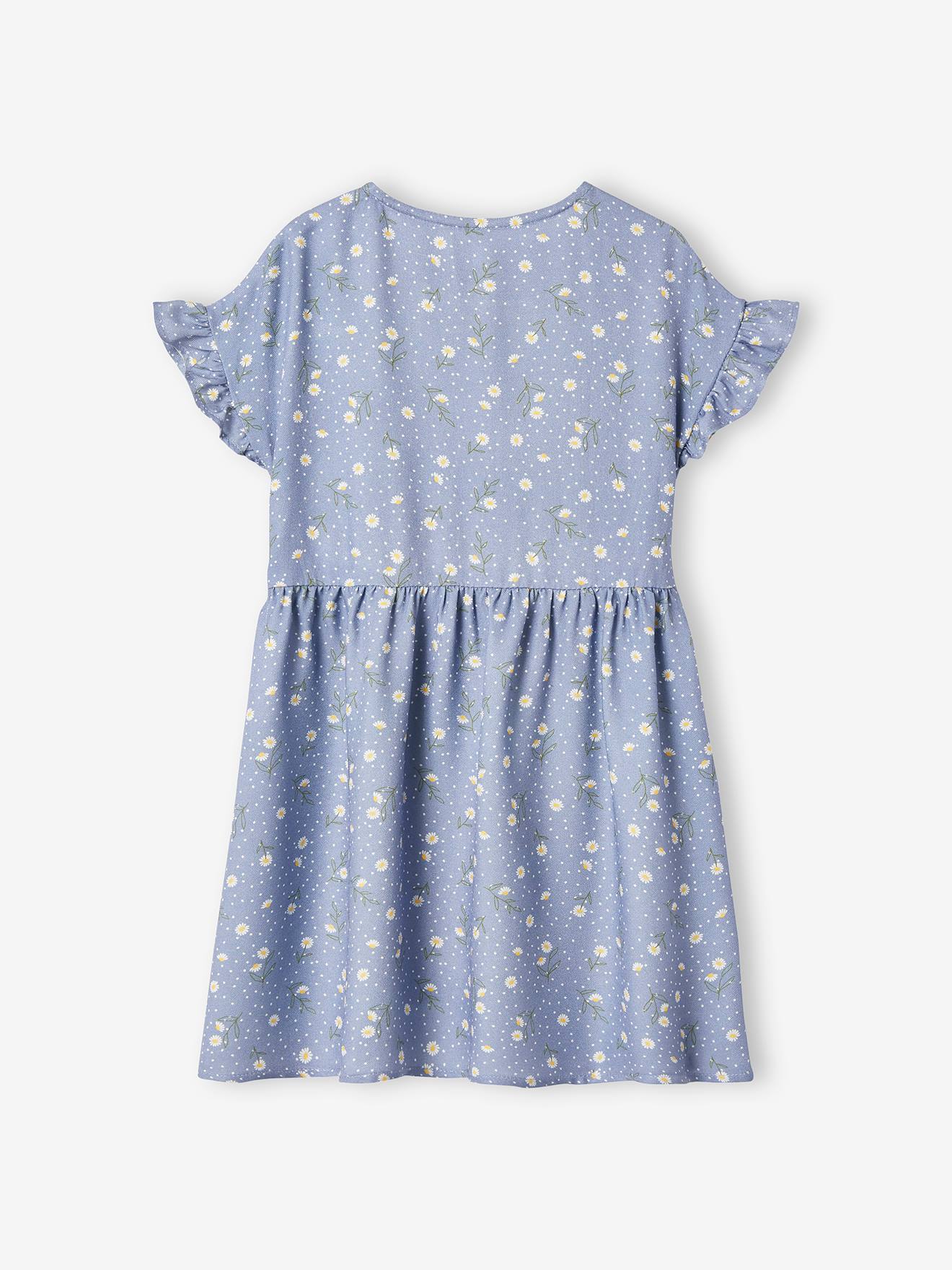 Vestido com botões e estampa floral, para meninas, na cor bege claro.