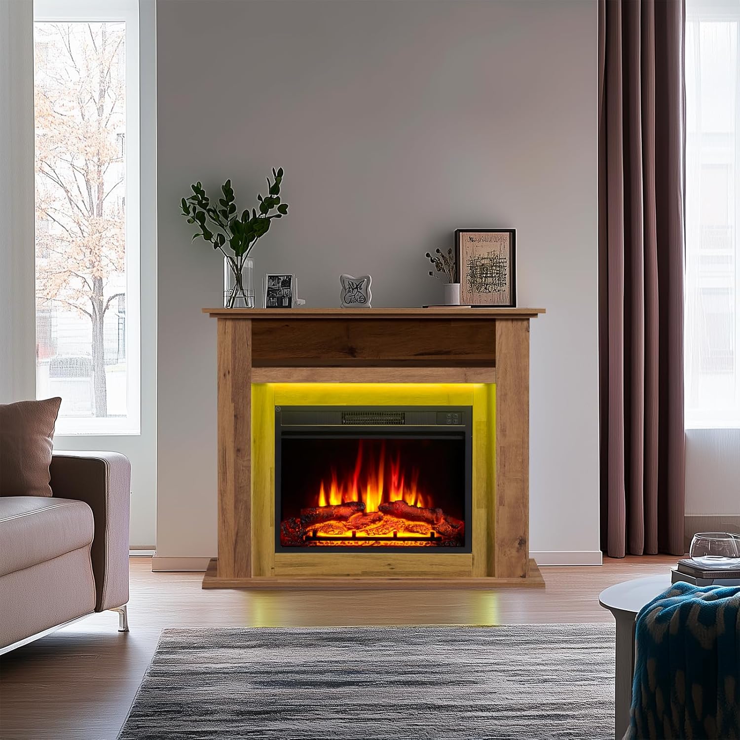 Elektrokamin BALDERIA Liora - Elektrischer Standkamin mit Ablagefach, 3D-Flammeneffekt, LED-Ambientebeleuchtung, Heizung 2000W, Timer, Thermostat, Fernbedienung - Dunkle Eiche