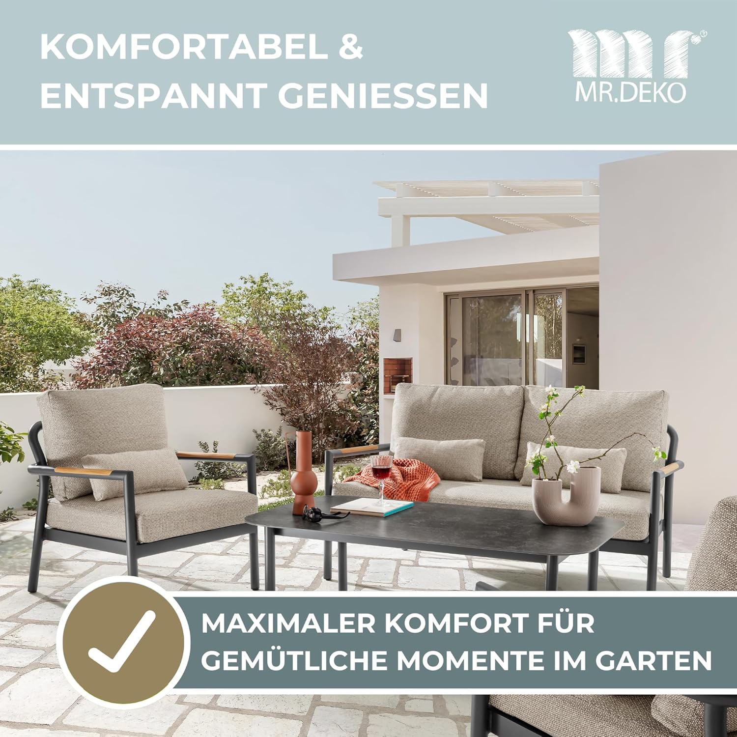 Loungeset Bilbao Grey Aluminium | Gartenmöbelset 4-teilig 2 x Sessel & 1 x 2er Sofa & 1 Tisch | Outdoormöbelset Alu & Sitz- Rückenkissen Rope | Stabil & wetterfest | Gartenmöbelgarnitur