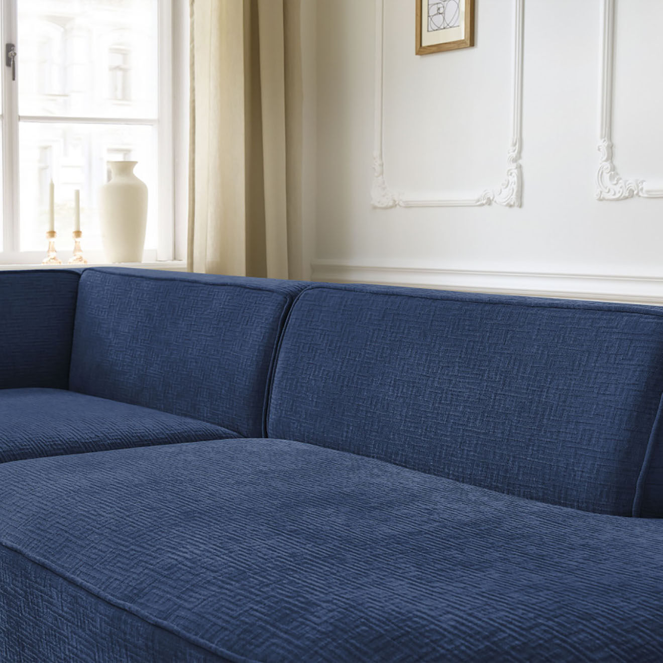 Bobochic Canapé d'angle gauche fixe 4 places Rousseau texturé bleu foncé - 250x160x72 cm
