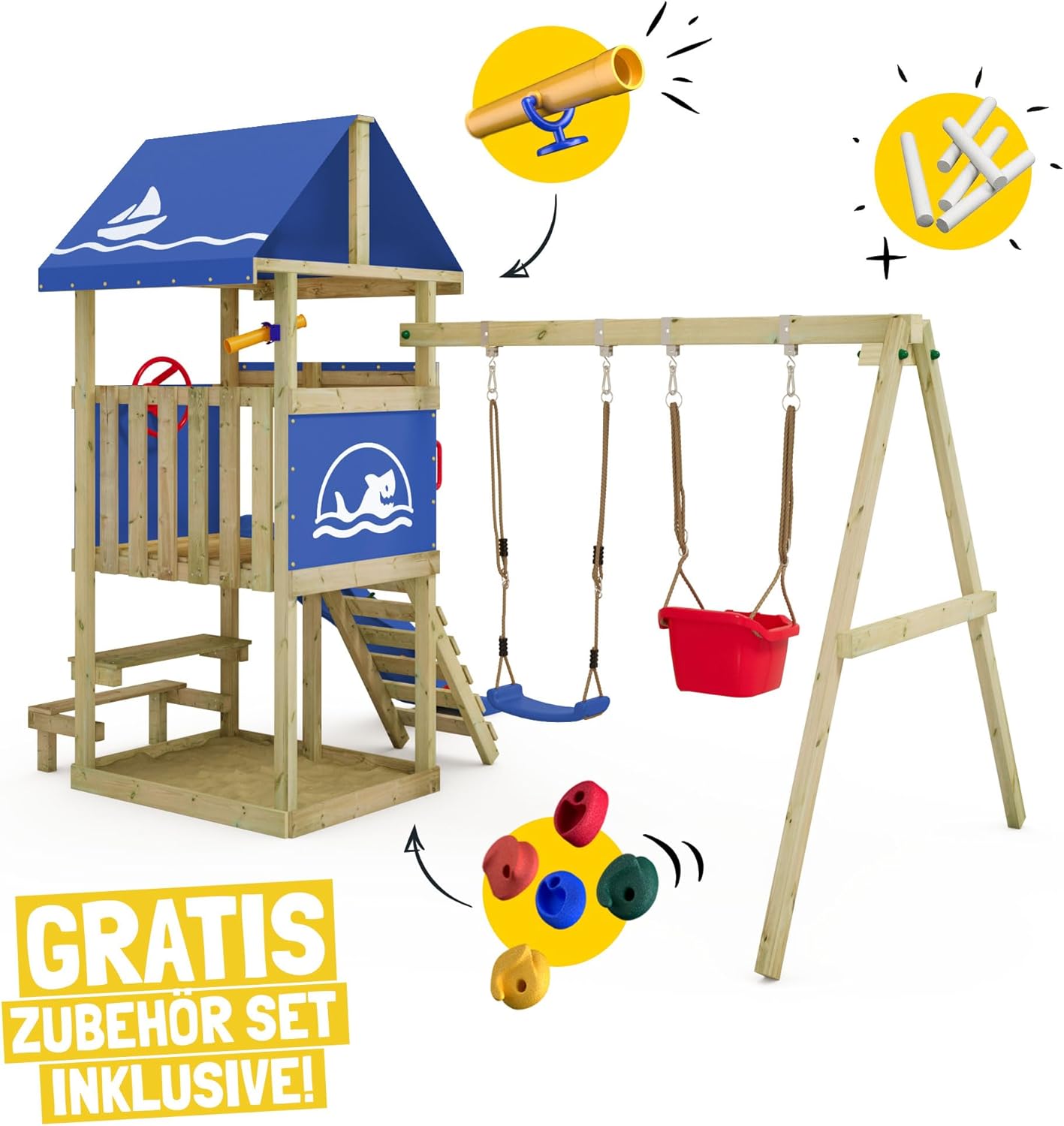 Wickey Spielturm DinkyHouse mit Picknicktisch - pastellgrüne Rutsche & Plane - Kinder Kletterturm für den Garten aus Massivholz - 334x317x247 cm