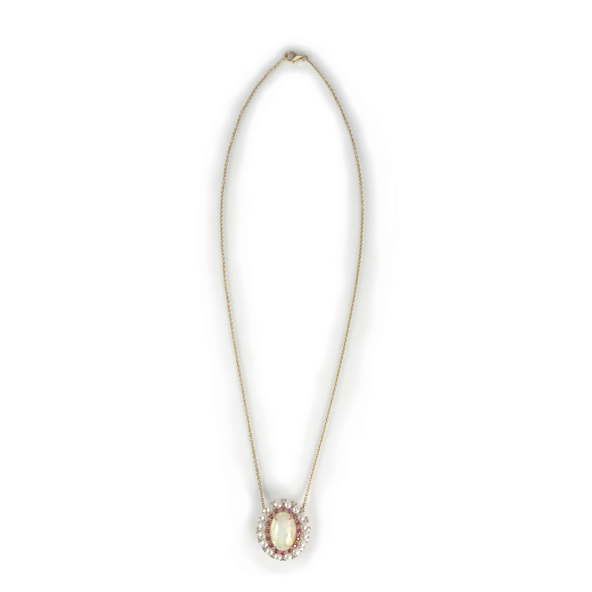 Collier d'occasion or 750 jaune opale rubis diamants perles de culture 43 cm