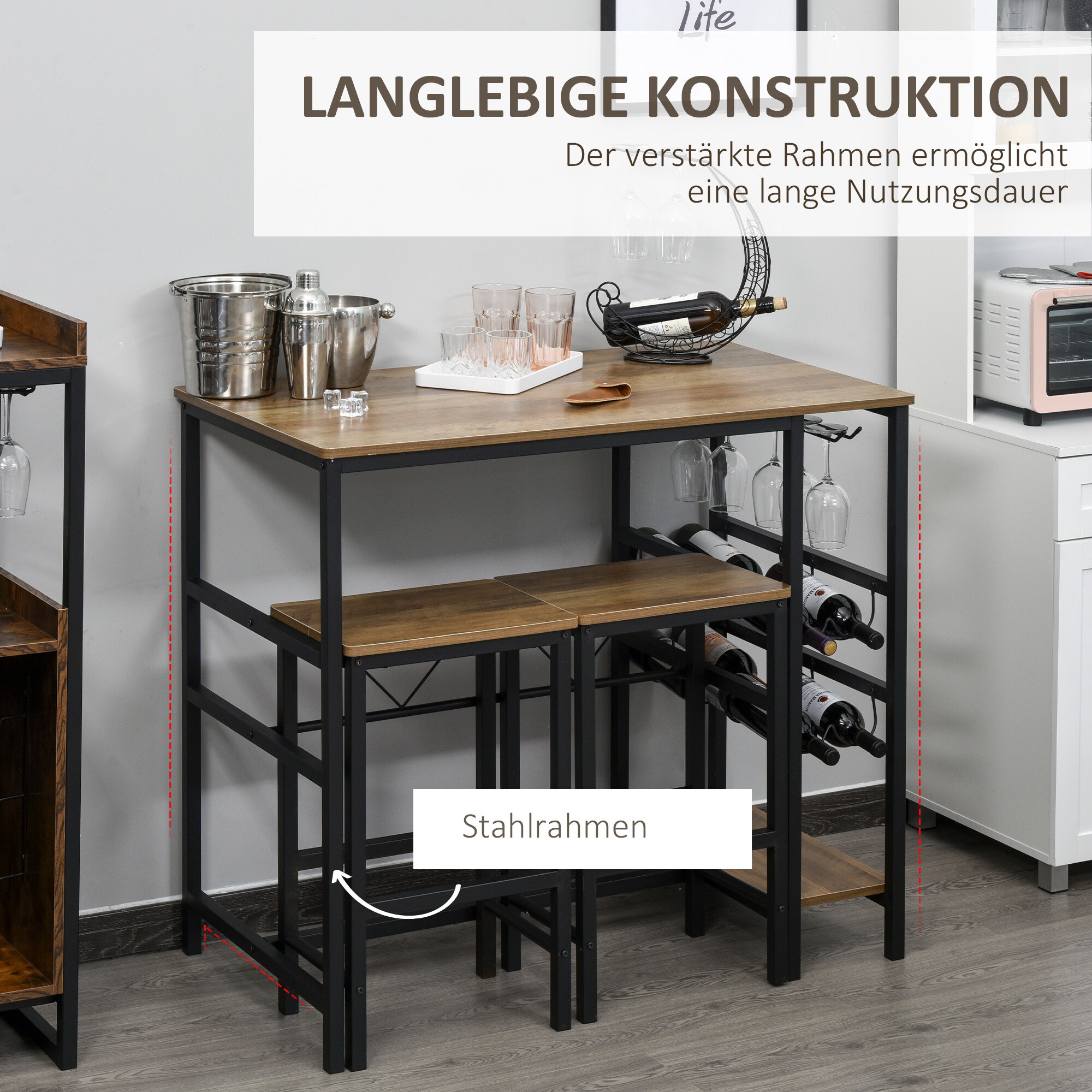 HOMCOM Bartisch-Set mit 2 Barhockern natur, schwarz