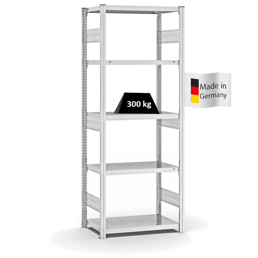 PROREGAL Stellingkast, insteeksysteem, T-profiel, extra zwaar, basiskast, hxbxd 200 x 75 x 40 cm, 5 legplanken, draagvermogen legplanken 315 kg, aan beide zijden te gebruiken, lichtgrijs