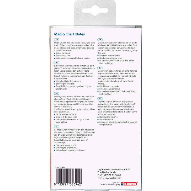 Notes électrostatiques repositionnables Magic-Chart Legamaster 10 x 20 cm couleurs assorties - paquet de 250