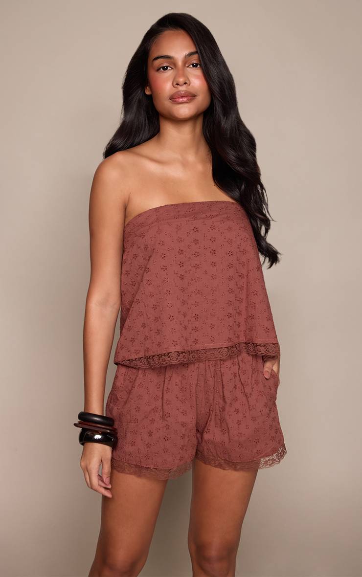 Marron Short Fluide En Broderie Anglaise Ensemble Coordonné