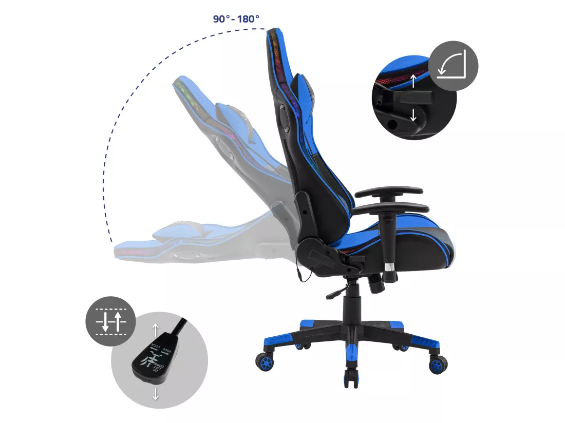 LED Gaming Chair Chaise de bureau Chaise pivotante Réglable Bluetoothboxes ML-Design