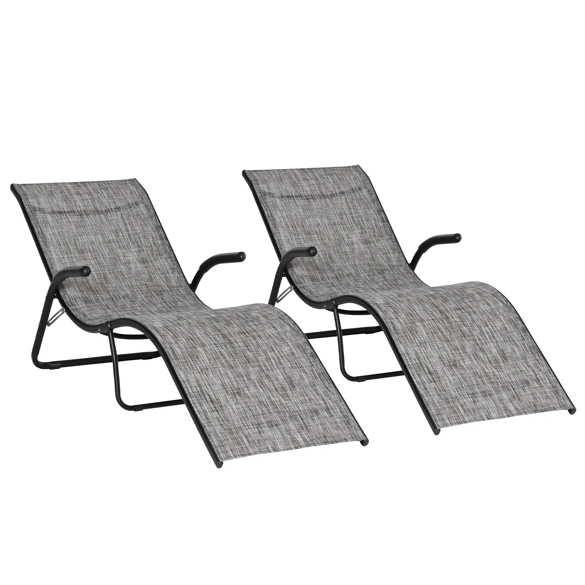 Conjunto de 2 espreguiçadeiras dobráveis Outsunny, espreguiçadeiras de jardim com apoios de braço, apoio para os pés e encosto, capacidade de carga de 160 kg para terraço, praia, camping e uso ao ar livre, 170x62x68 cm, cinza
