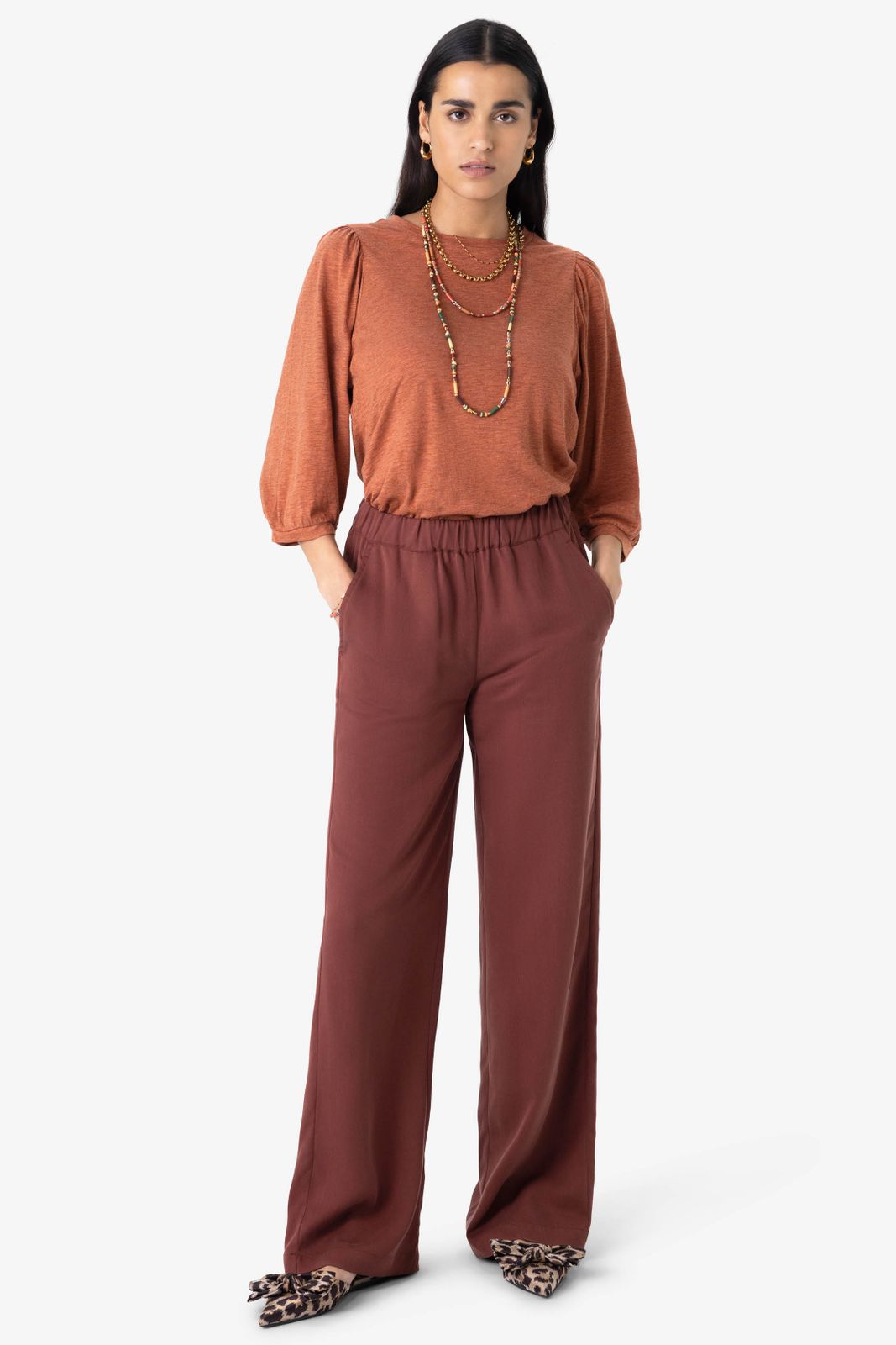 Donkerbruine wide leg pantalon