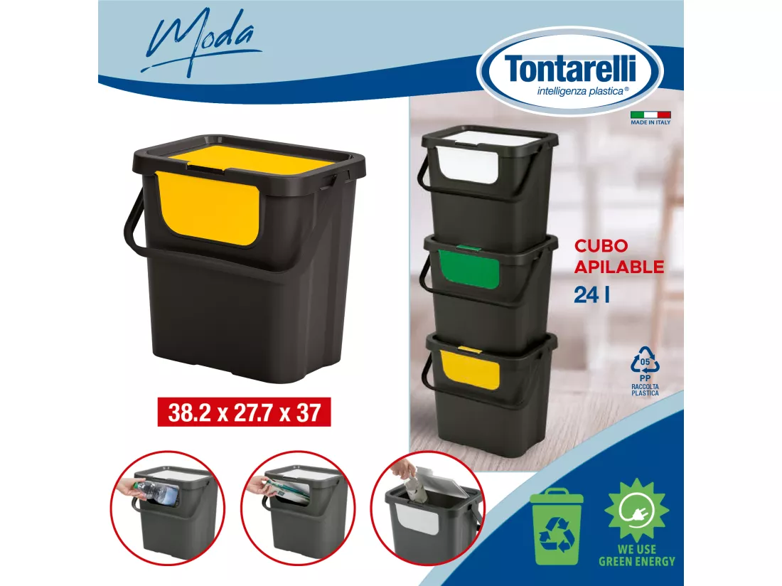 Set de 4 poubelles empilables avec poignée en quatre couleurs.