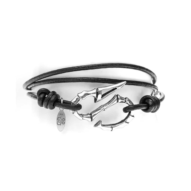 Bracelet Homme Argent  Hameçon Cordon Cuir Réglable