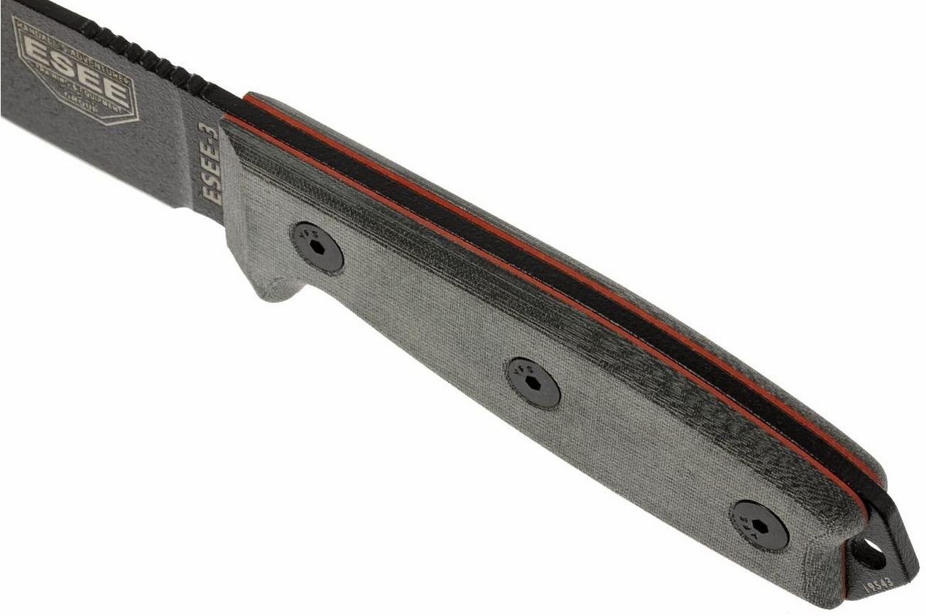 ESEE Model 3 black blade, grey handle 3P-MB-B met schede   clip en MOLLE-back