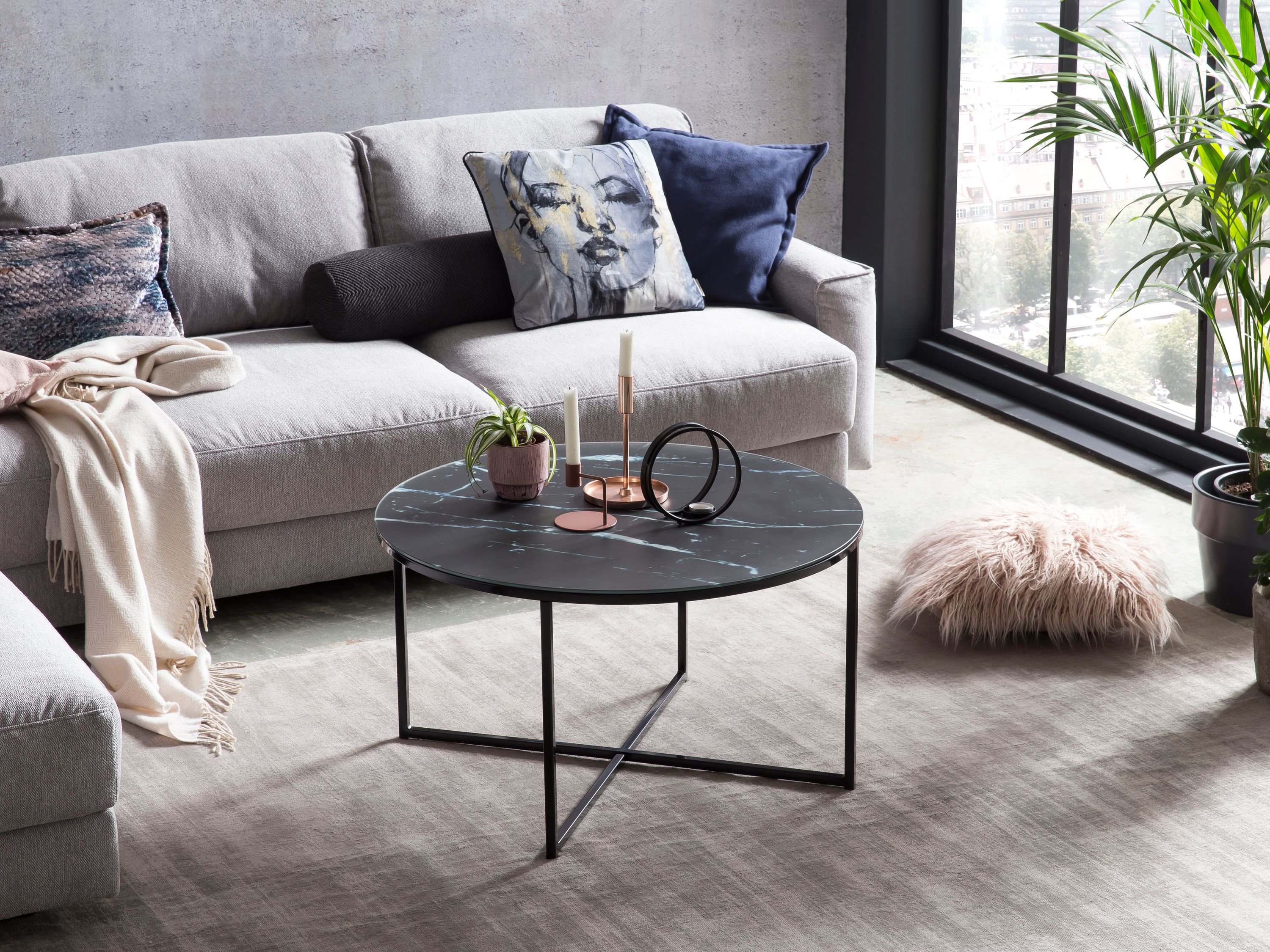 Couchtisch Ø80cm Marmor Optik Glastisch Sofatisch Beistelltisch Wohnzimmer Tisch