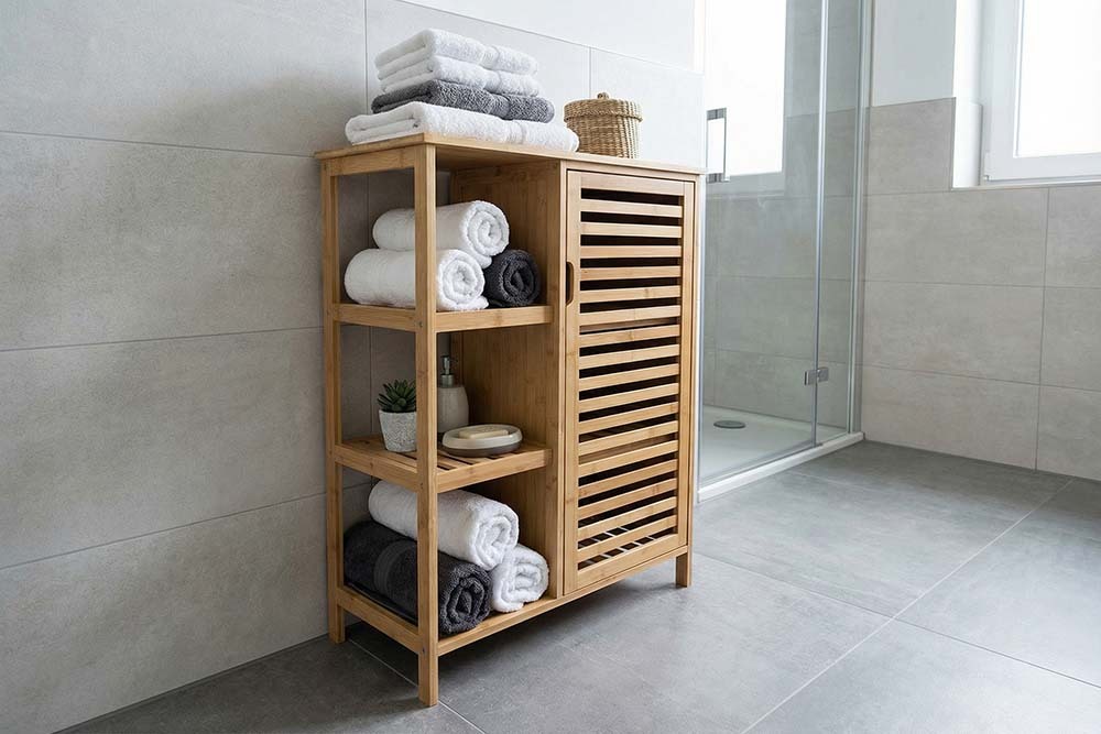 Massivholz Regal ZEN-BO 90cm natur Bambus mit Lamellentür