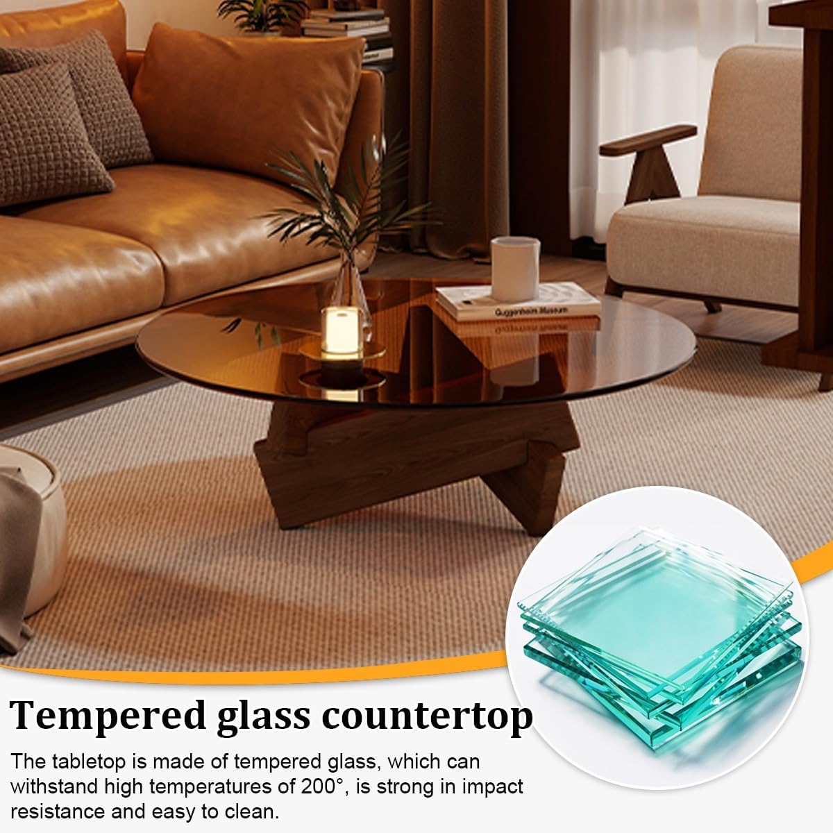 Couchtisch Rund Glas, Wohnzimmertisch, Zentraler Wohnzimmer-Couchtisch, Tischbeine Aus Massivholz, Minimalistisches Design für Wohnzimmer Oder Büro(Black,W80xH31cm/31x13in)