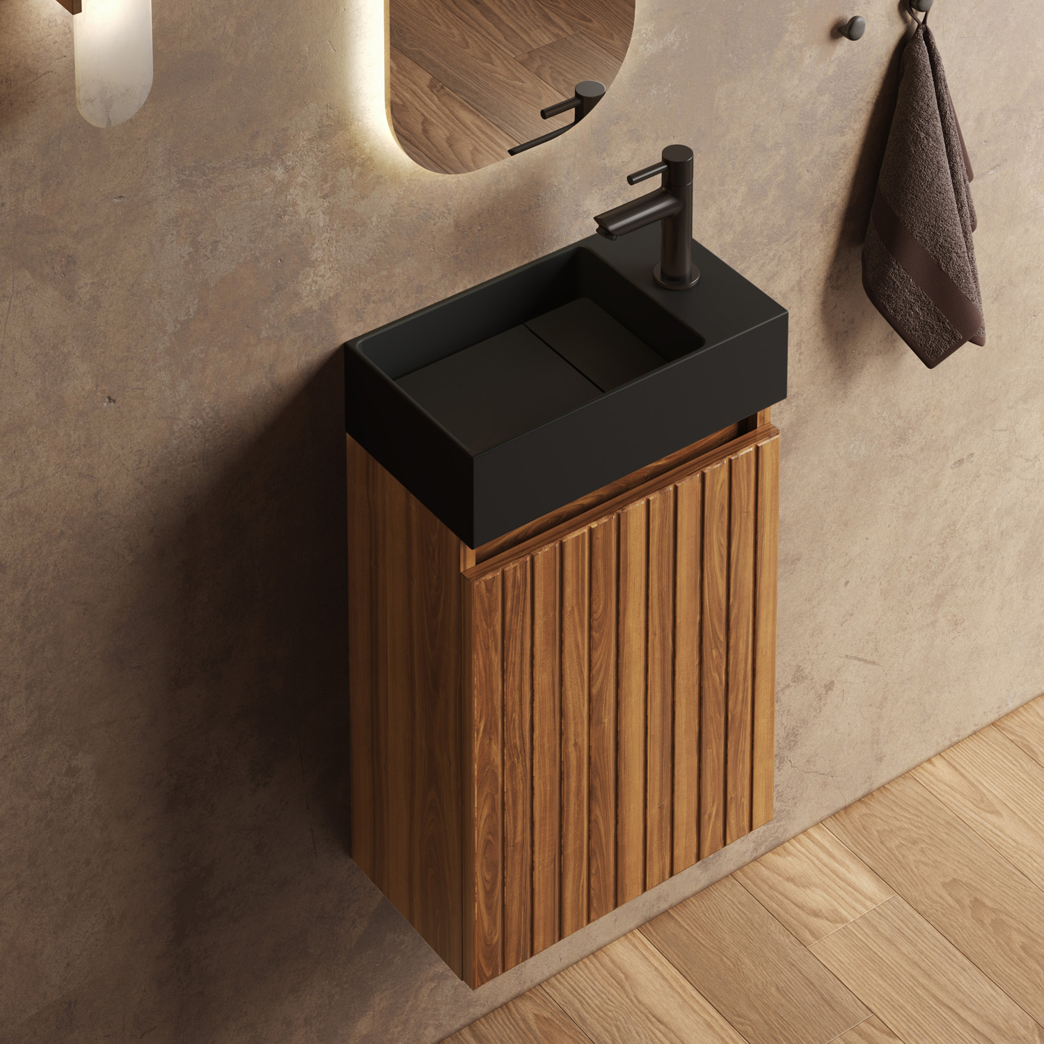 Fontana Itsie toiletmeubel walnoot ribbelfront 40cm met fontein in mat zwart