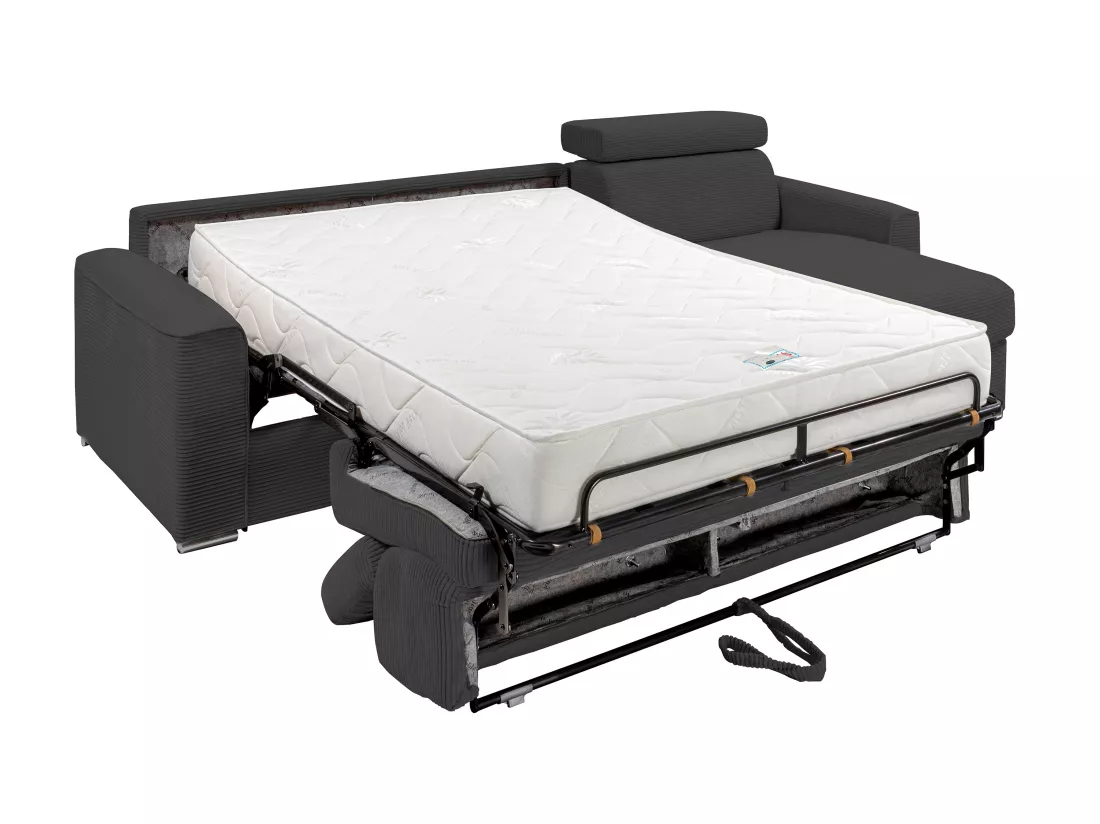 Canapé d'angle réversible convertible express en velours côtelé gris anthracite - Couchage à lattes larges 160 cm - Matelas 22 cm mémoire de forme - VIZIR