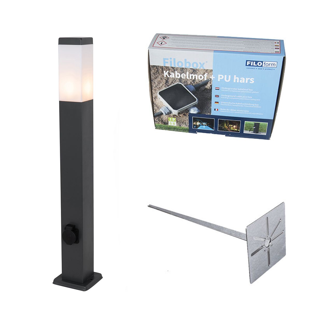 Buitenlamp donkergrijs met grondpin en kabelmof 80cm incl. stopcontact IP44 - Malios