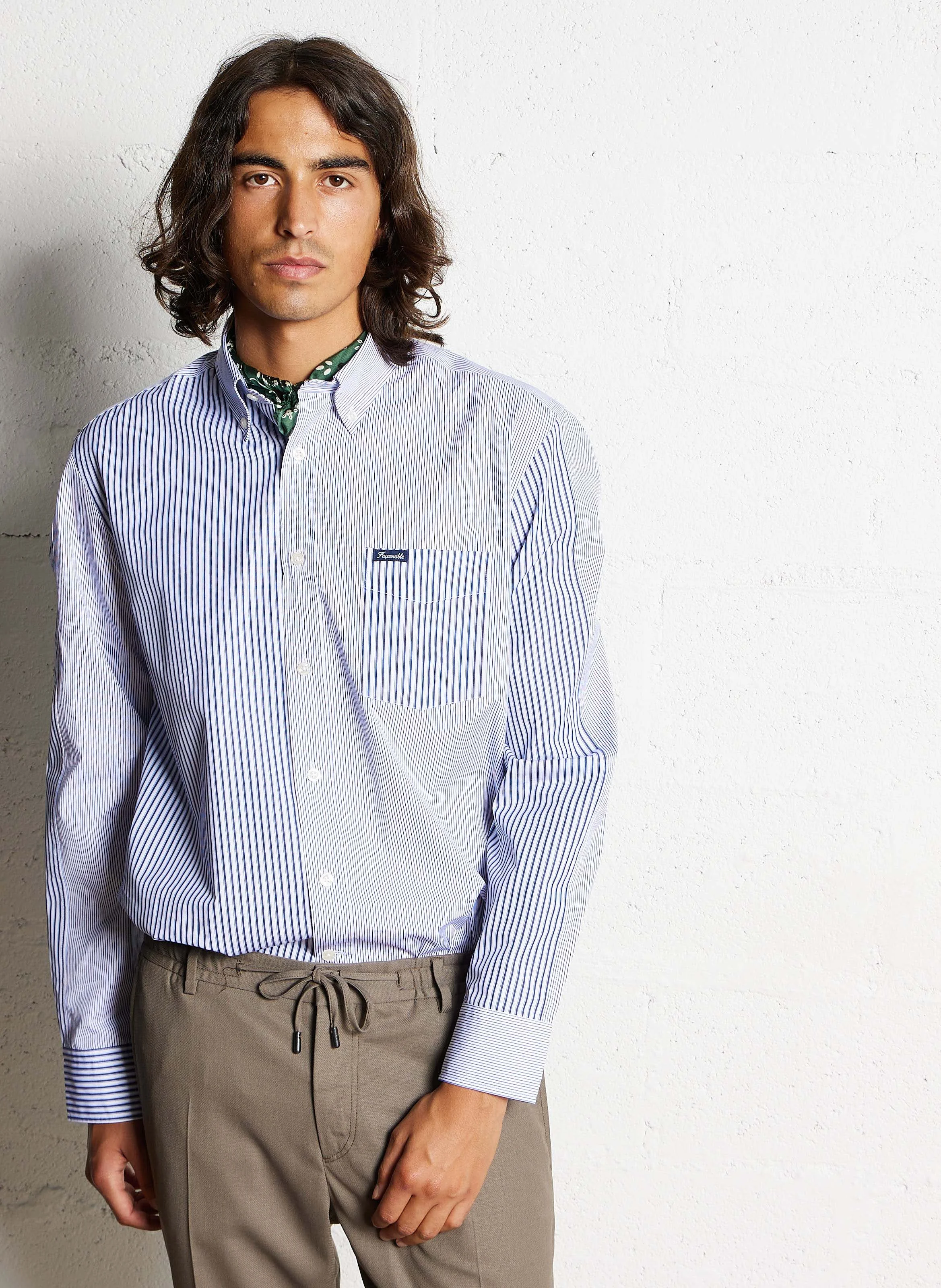 Chemise col classique rayée en coton | Bleu