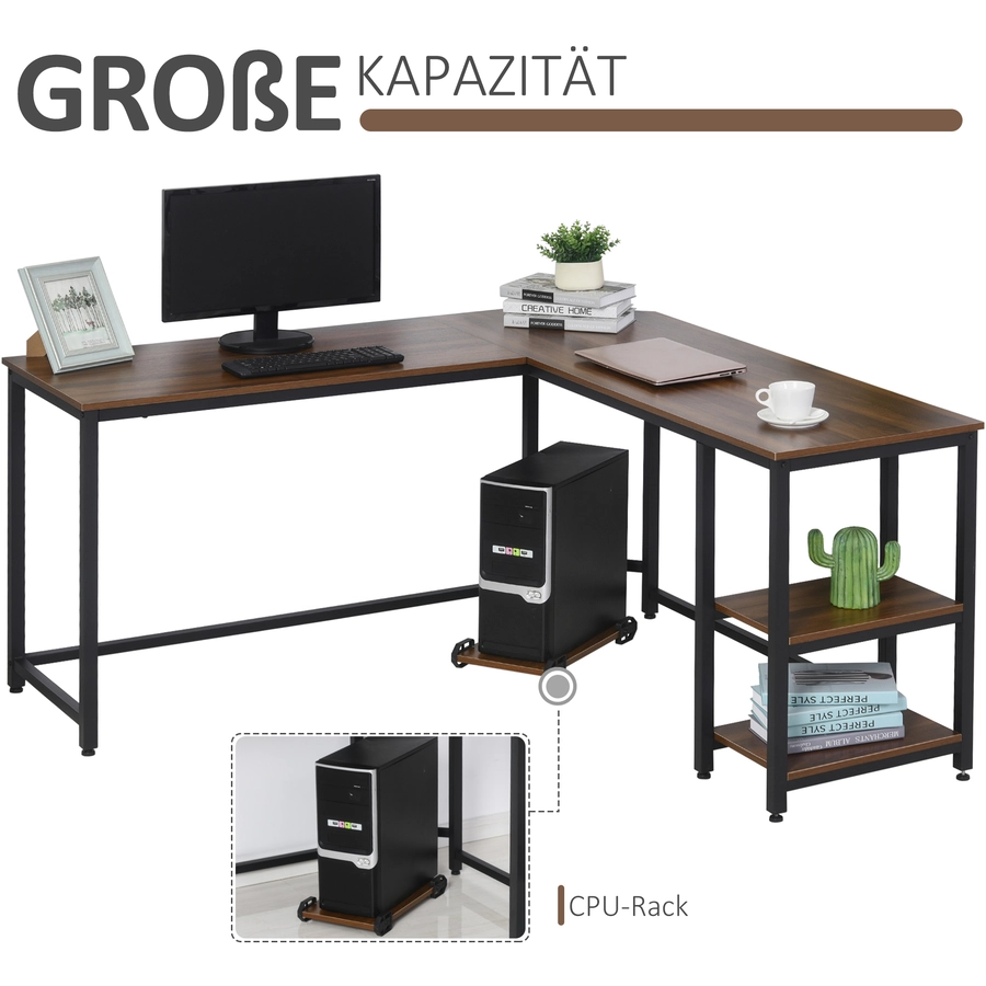 HOMCOM Computertisch in L-Form Walnuss, schwarz