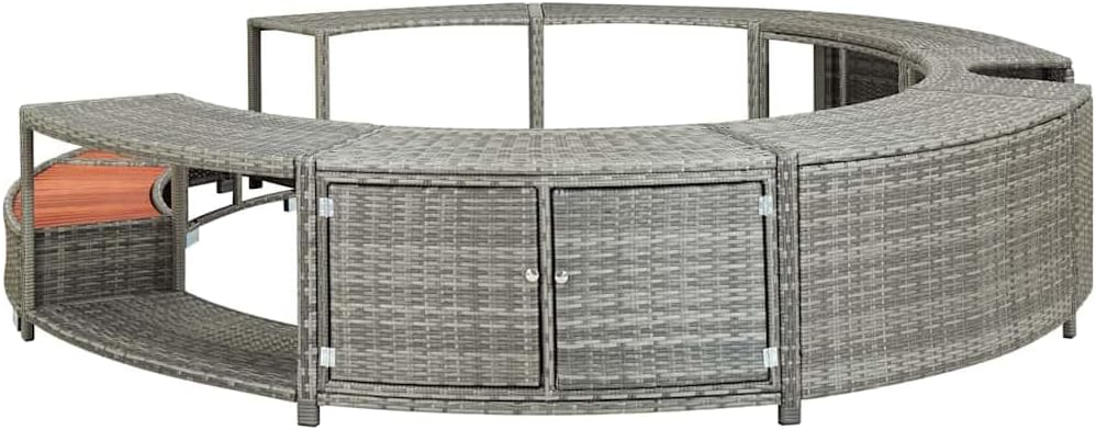 vidaXL Whirlpool Umrandung mit Stauraum Rund Poolumrandung Poolverkleidung für Spa Grau Poly Rattan Stahlrahmen Eukalyptus-Hartholz