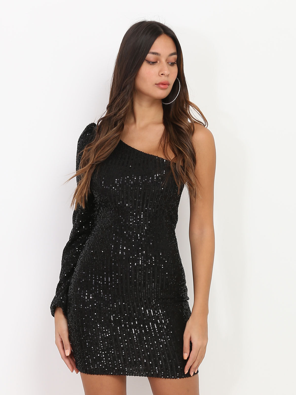 Robe asymétrique à sequins- Noir