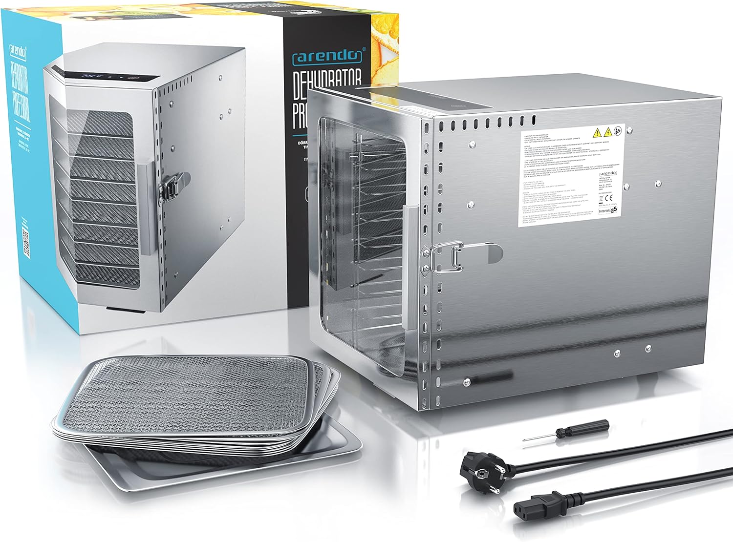 Arendo - Edelstahl Dörrautomat 8 fach - 500 Watt mit Temperaturregler - Dörrgerät für Lebensmittel Fleisch Früchte Obst Pilze - Timer bis zu 24 h - 8 Einlegefächer - GS - Dehydrator