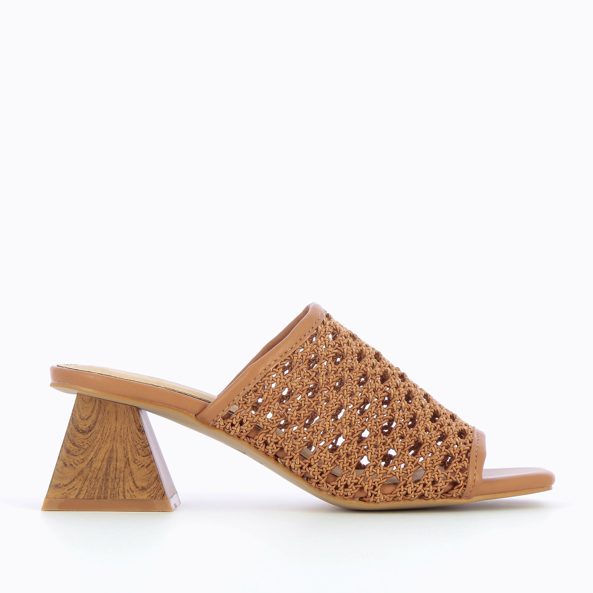 Sandales à talon, Compensées-Mules à talon Sandrine camel tressées façon cannage