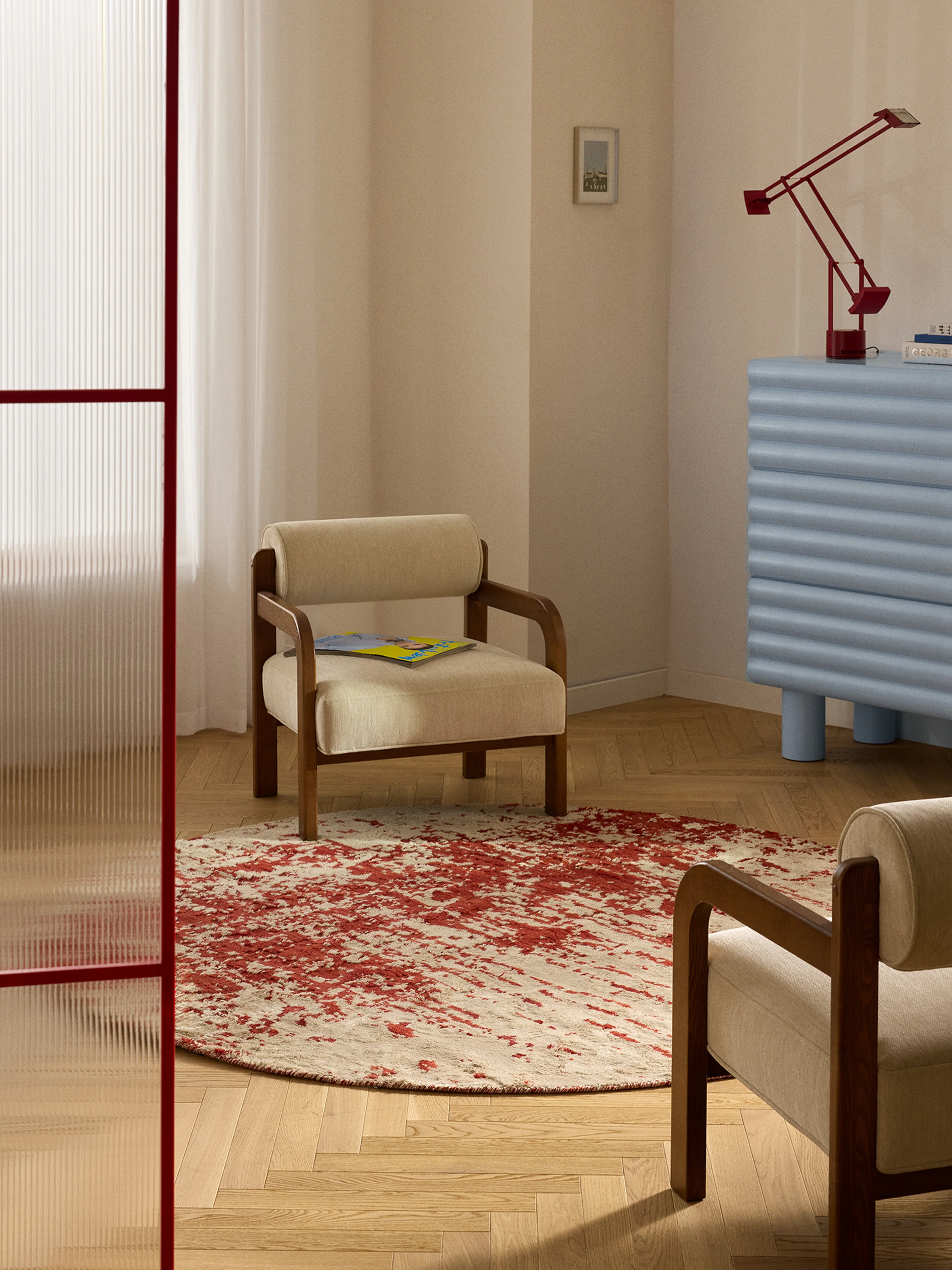 Rond wollen vloerkleed Cynthia met abstract patroon, handgeweven