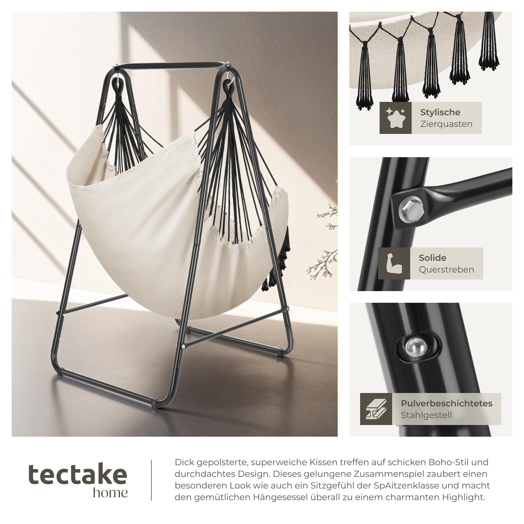 tectake® Hängesessel, 3 extra dicke Kissen, Belastbarkeit 160 kg, große Zierquasten, 85 x 100 x 154,5 cm
