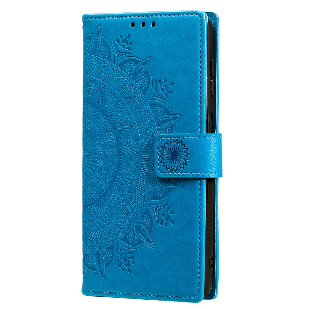 Samsung Galaxy S25 Ultra Leder Tasche Wallet - Mandala Flowers Imprint - Blau