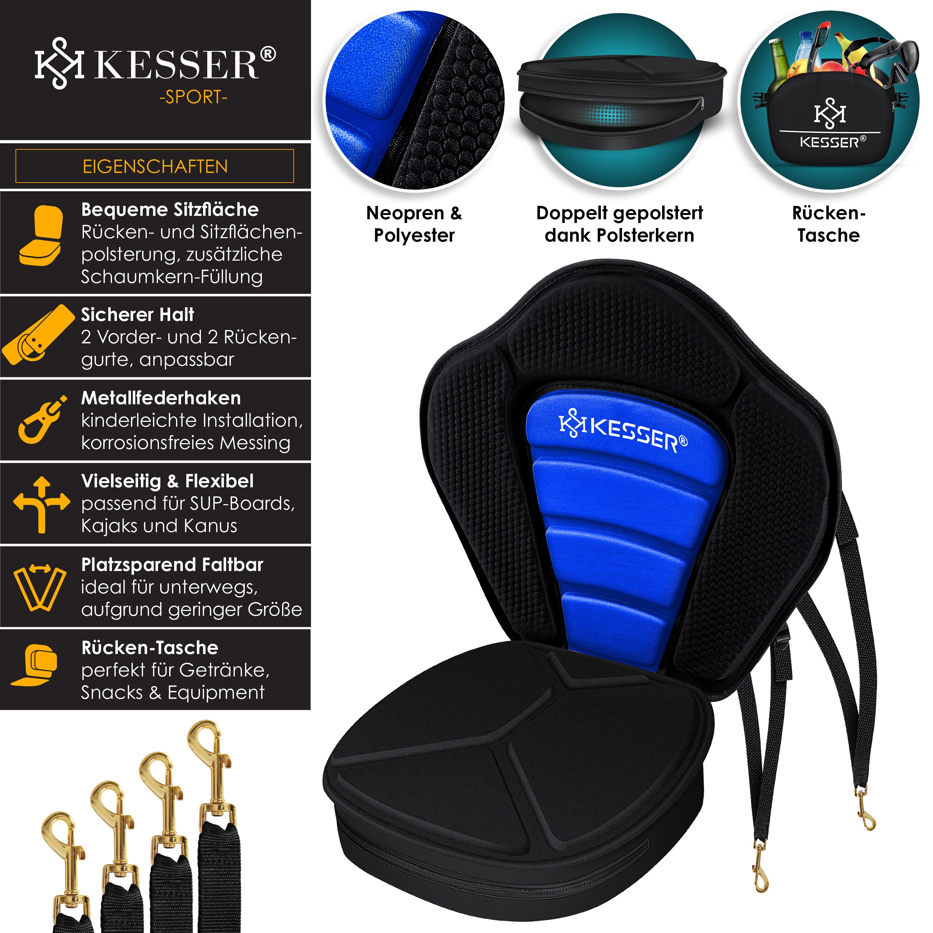 KESSER® Kajak-Sitz Premium für SUP Board Stand Up Paddle Surfboard Sitz - Inkl. Mit Tasche - SUP Paddling Paddelboards Gepolsterte Sitz 32x38cm, Rückenlehne 51x45cm schnell und einfach montiert