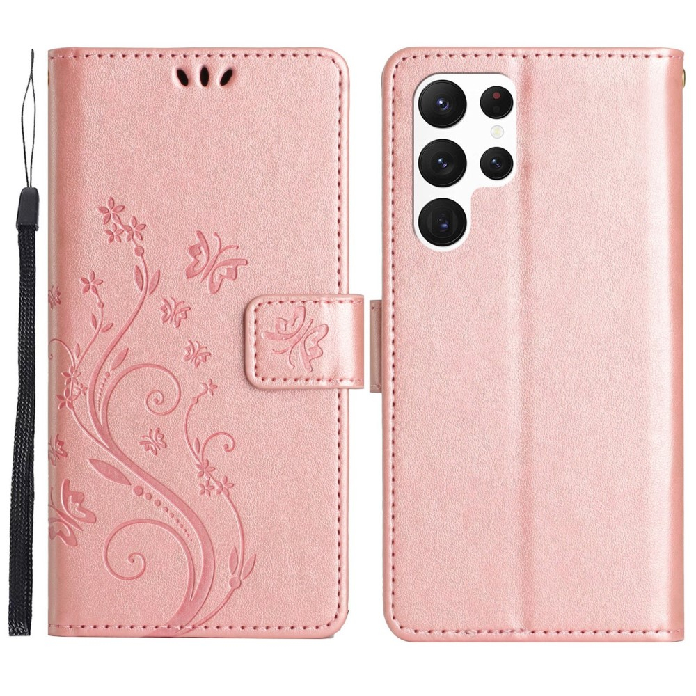 Samsung Galaxy S23 Ultra 5G Leder Tasche mit Kartenfach   Handschlaufe Butterfly Flowers - Roségold