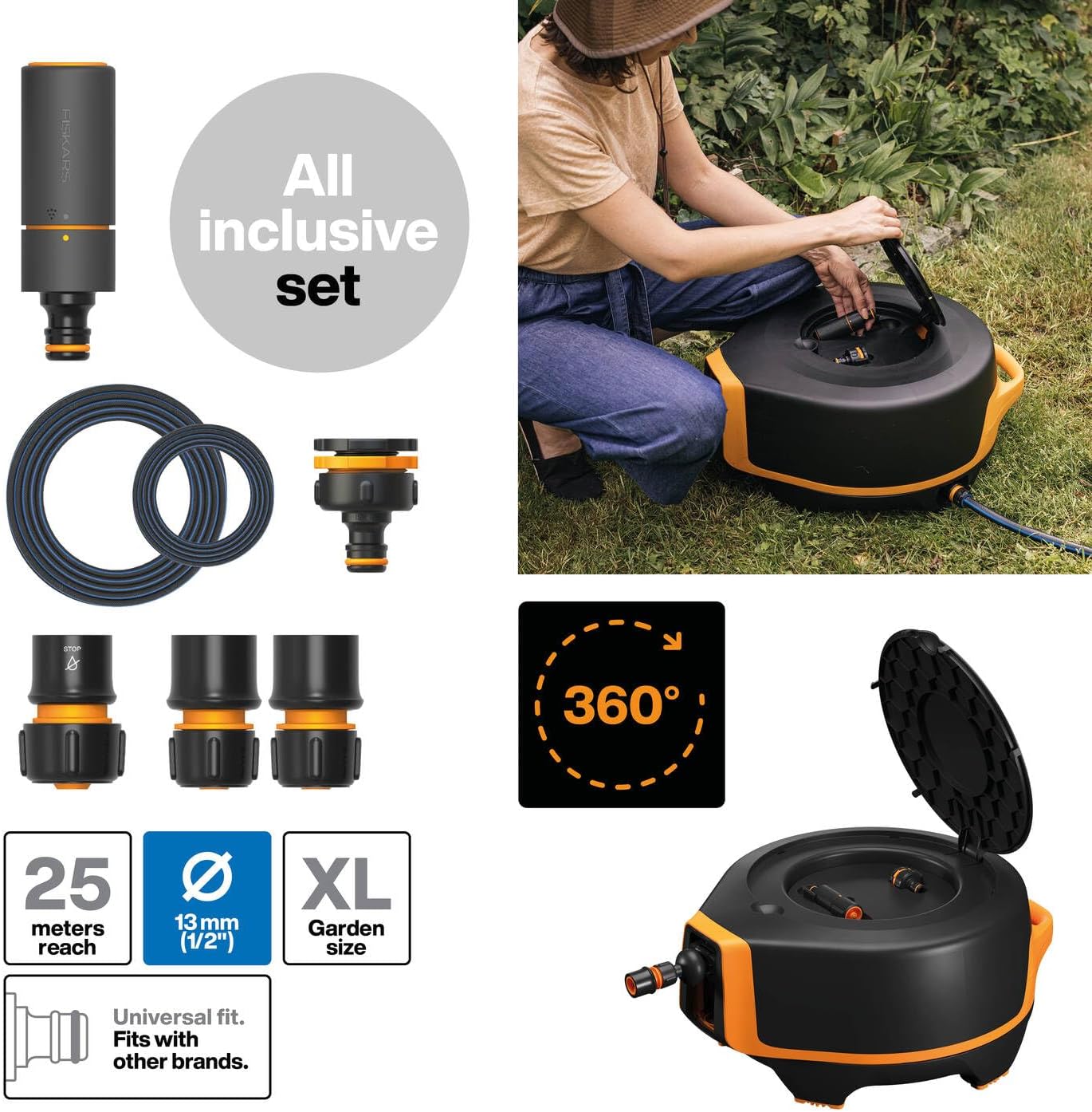Fiskars Waterwheel XL, All-Inclusive-Bewässerungs-Set, 25 m Gesamtreichweite, Autom. Einziehen, Gartenschlauch in Universalgröße (Ø 13 mm), Universal-Hahnverbinder, Schwarz/Orange, X-Series, 1067549