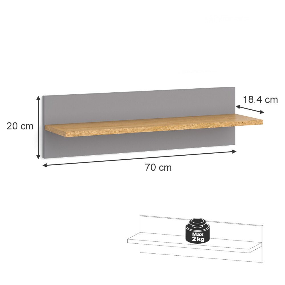 VitaliSpa Wandregal Hängeregal Ablageregal Malia Grau Eiche modern 70x20 cm Kinderzimmer Regal Babyzimmerregal Kindermöbel Babymöbel Ablage Aufbewahrung