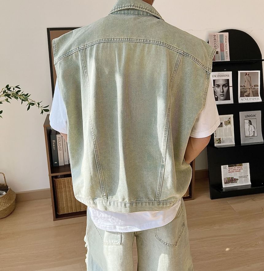 WidoWilder - Gewassen denim vest met kraag en knopen / Mid-rise gewassen denim shorts