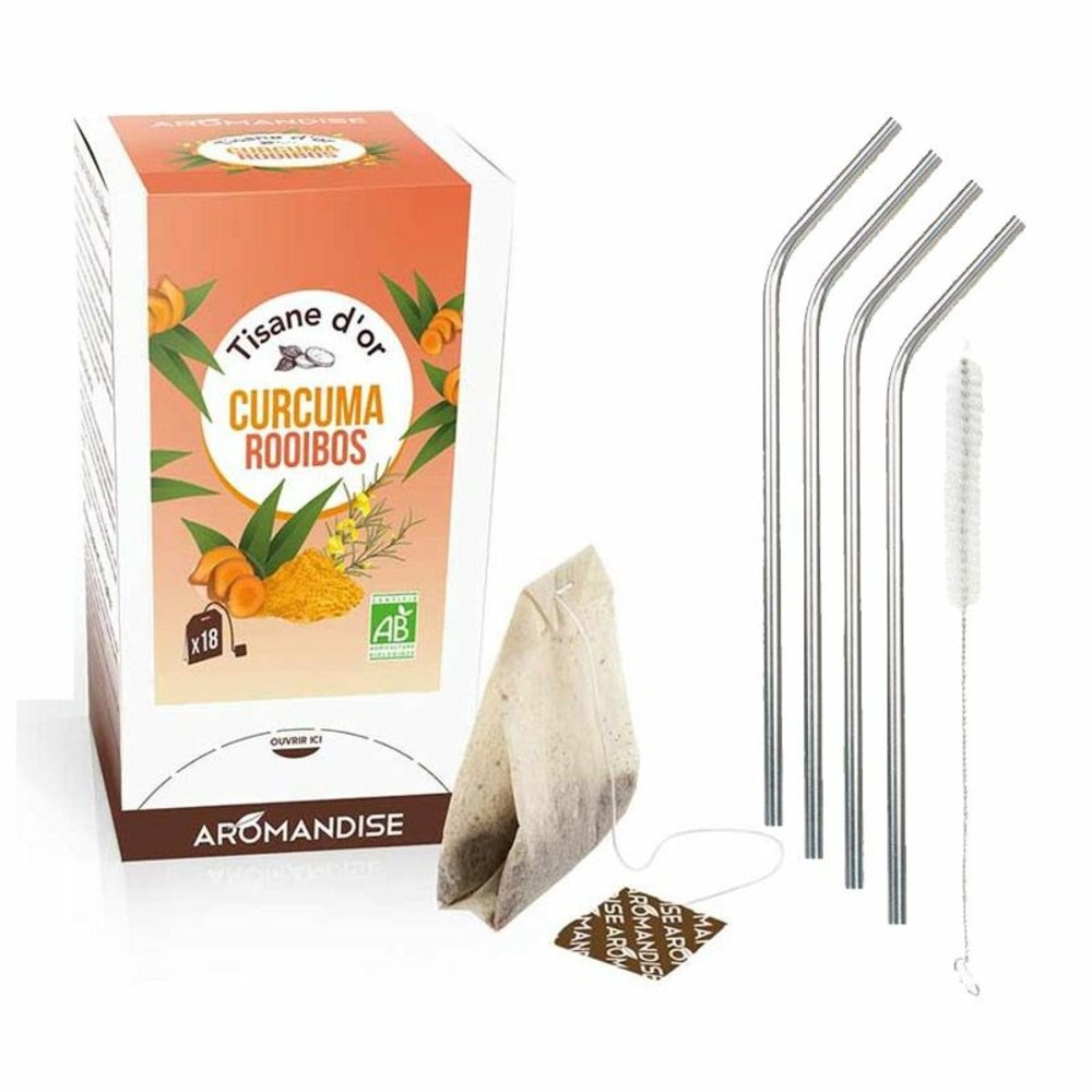 Tisane d'or bio curcuma-rooibos 20 sachets + 4 pailles en inox
