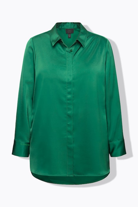Satin-Hemdbluse, hinten länger, Hemdkragen, Langarm