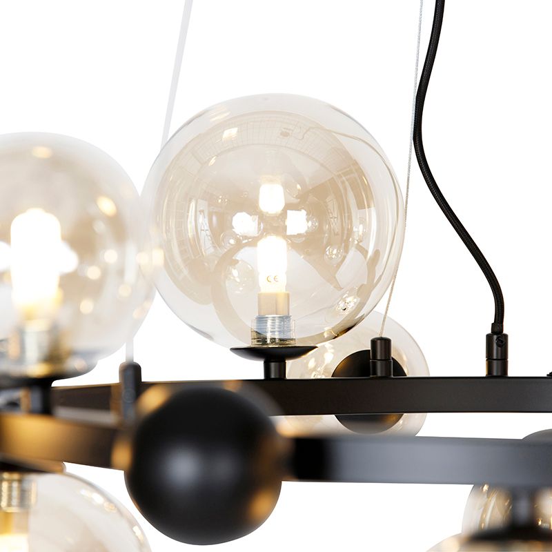 Art deco hanglamp zwart met amber glas 12-lichts - David