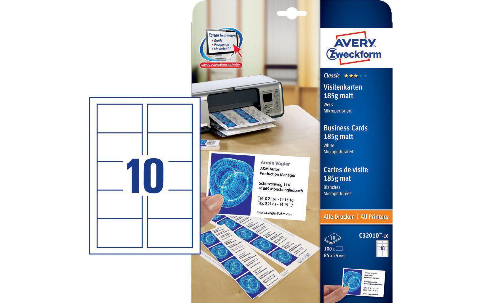 Visitenkarten-Etiketten Laser 85 x 54 mm 100 StückEtiketten für Drucker, 85x54 mm, weiss